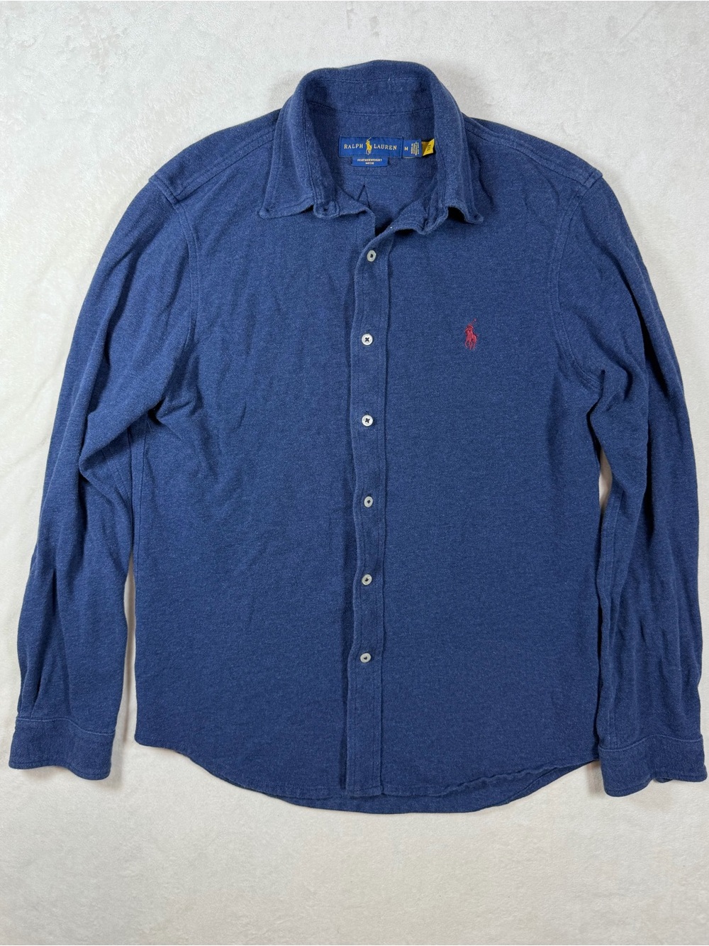 Polo Ralph Lauren Medium Slim Featherweight Knit Navy Button-Down Shirt Red Logo